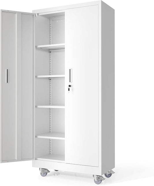 VINGLI Rolling Metal Storage Cabinet with Adjustable Shelves, 71'' Tall Garage Storage Cabinet with Wheels, Locking Tool Cabinets for Home Office Garage Gym School (White)