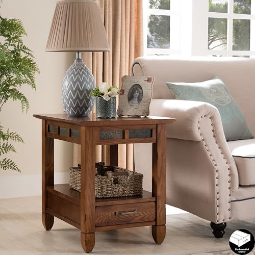 Leick Home 10907 Slatestone One Drawer Rustic Oak End Table, Distressed Rustic Oak
