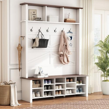 Merax Farmhouse Wood Hall Tree with 6 Hooks and Entryway Shoe Bench, White