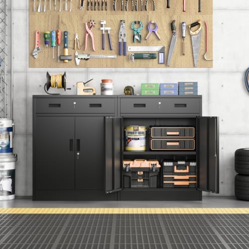 CMY Metal Storage Cabinet, Locking Storage Cabinet with 1 Drawer and Adjustable Shelf, 36" H x 28" W x 16" D Metal Cabinets with Doors for Office, Garage, Home-Black