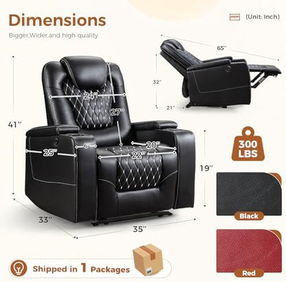 ANJ Faux Leather Power Recliner with USB & Cup Holders, Black