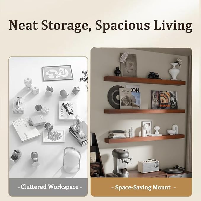 Floating Shelves for Wall, 48 Inch Extra Long Brown Wall Shelves, Set of 3, Hanging Invisible Brackets Floating Shelves for Living Room,Bedroom,and Kitchen