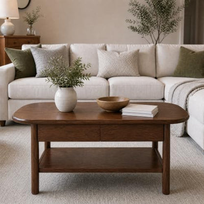 100% Solid Oak Wood Coffee Table with Storage for Living Room, 39.37"W