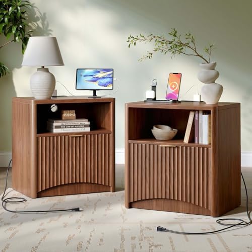 Evermagin Fluted Nightstand Set of 2 with Charging Station, Walnut