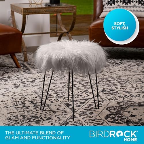 BIRDROCK HOME Round Faux Fur Foot Stool Ottoman with Black Hairpin Legs - Cozy and Stylish Makeup Chair with Soft Padded Vanity Seat and Metal Legs for Bedroom, Living Room, or Kids Room (Grey/Black)