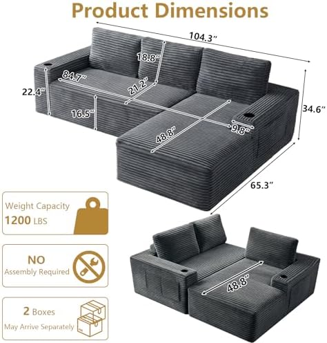 104" Cloud Sectional Couch L-Shaped with Side Pockets Cup Holders, Corduroy Boneless Couch for Living Room,Upholstered Deep-Seat Modular Sectional Sofa, No Assembly Required (Grey,Right Facing Chaise)