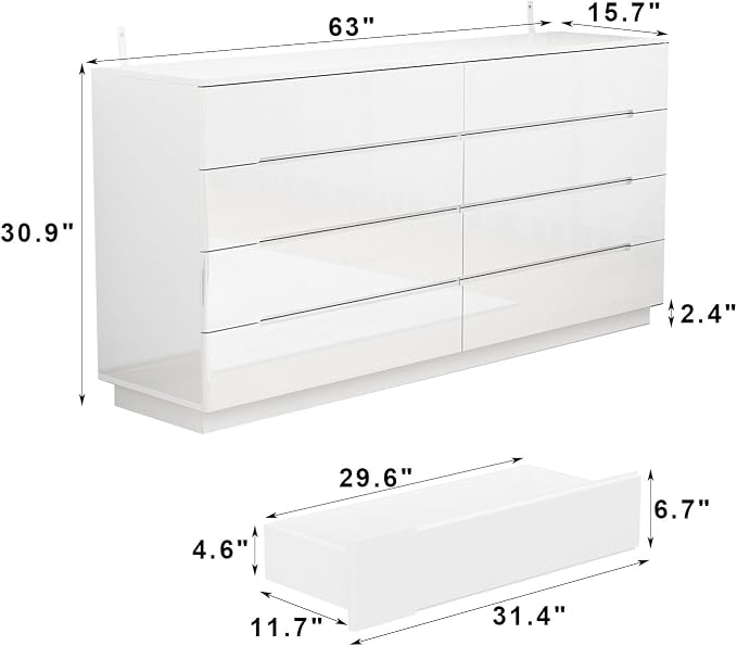 Modern High Gloss Dresser with LED Lights, 8 Drawer Dresser for Bedroom, Bottom Warm Lights, Handle-Free Design, 63" Contemporary Chest of Drawers White 63" W x 15.7" D x 30.9" H