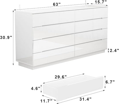 Modern High Gloss Dresser with LED Lights, 8 Drawer Dresser for Bedroom, Bottom Warm Lights, Handle-Free Design, 63" Contemporary Chest of Drawers White 63" W x 15.7" D x 30.9" H