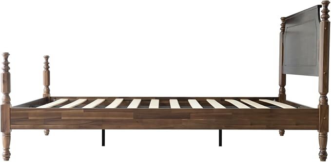 Solid Wood Queen Size Platform Bed Frame with Headboard & Footboard, Central Metal Legs, 12 Durable Slats Base, Anti-Slip & Noise-Free, Easy Assembly, No Box Spring Needed, Walnut Finish, ROQ-37