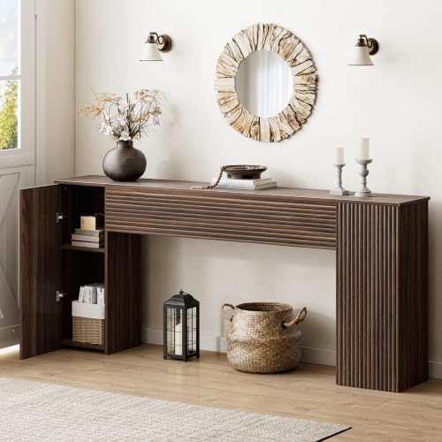 FABATO 70.8” Fluted Long Console Table with 2 Hidden Storage Cabinet Walnut