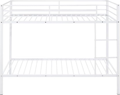 Bunk Bed Twin Over Twin, Metal Bunk Bed Frame, Metal Bunkbeds with Built-in Ladder, High Guardrail and Slats, No Box Spring Needed, Space Saving, Noise Free (White)