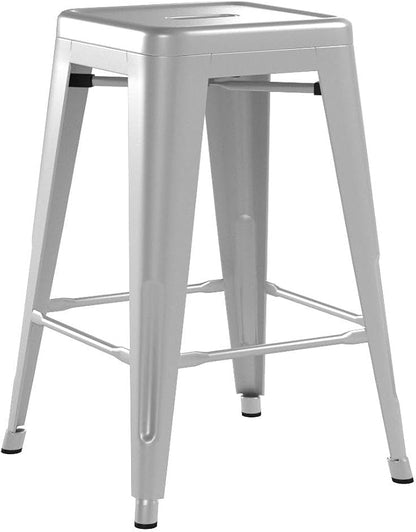 Furmax 24 Inch Metal Bar Stools Set of 4, Counter Height Bar Stools Height High Backless Stools Industrial Stackable Bar Chairs for Dining Room Kitchen Indoor Outdoor Stools Bar Chairs (Sliver)