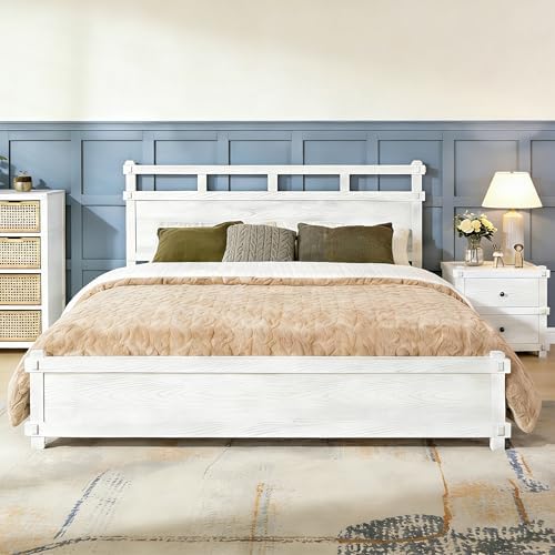 Merax California King Modern Farmhouse Wood Grain Bed Frame (Antique White)