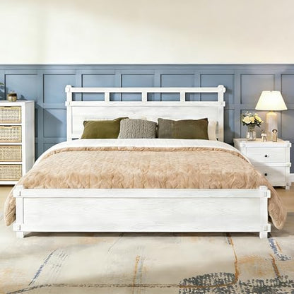 Merax California King Modern Farmhouse Wood Grain Bed Frame (Antique White)