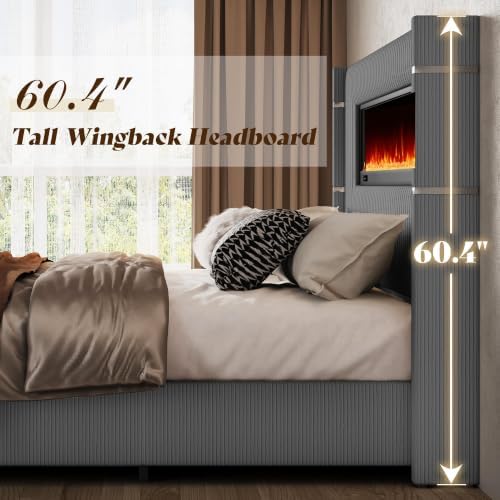 AMERLIFE Cal King Fireplace Bed Frame, Upholstered Headboard, Dark Gray