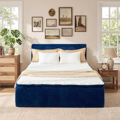 Queen Boneless Bed Frame with Mattress, 16 Inch Memory Foam Mattress with Plush Fabric Upholstered Bed Frame Platform, No Assembly Required,Cool Night & Relieve Pressure with Medium Support, Blue