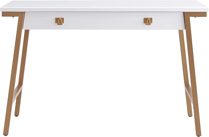 Leick Home 11400-WT Empiria Mixed Metal and Wood Computer Desk with Drop Front Keyboard Drawer, White/Gold