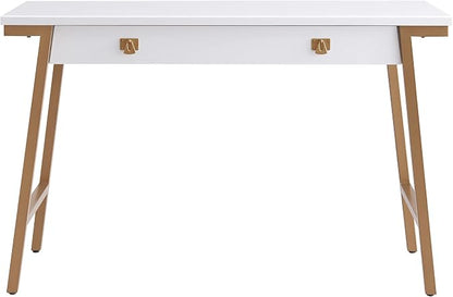 Leick Home 11400-WT Empiria Mixed Metal and Wood Computer Desk with Drop Front Keyboard Drawer, White/Gold