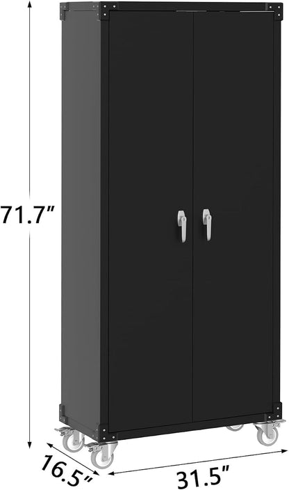 72-Inch H Black Metal Garage Storage Cabinet with Wheels & Pegboard, Locking 2-Door Rolling Storage Cabinet with 4 Adjustable Shelves for Garage, Workshop & Home Office