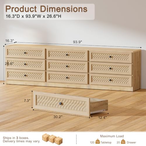 3 Drawer Dresser Set of 3 for Bedroom, 31.3" Wide Wooden Dresser