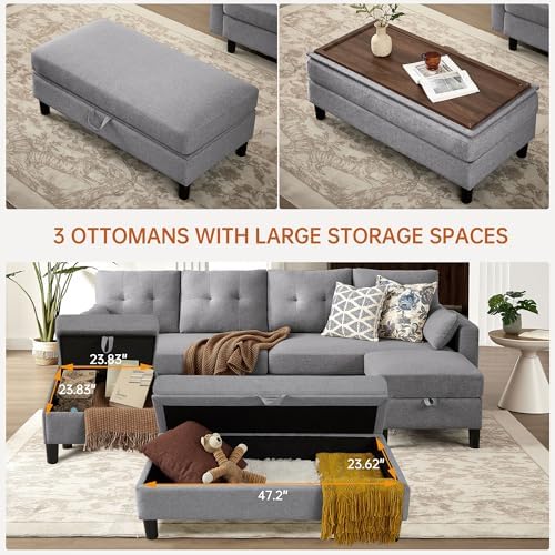 Convertible Sectional Sleeper Sofa with Storages, 100" U Shaped 4 Seater Couch with 2 Movable Ottomans and 1 Ottoman Bench Polyester Fibre for Living Room, Light Grey