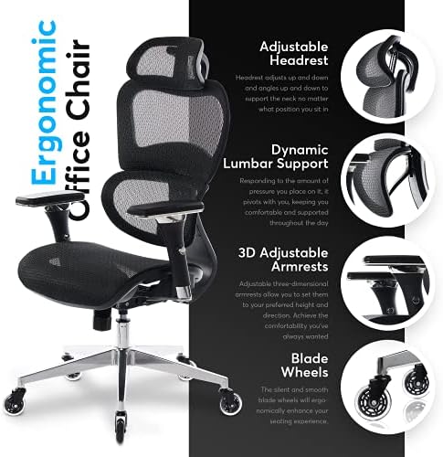Oline ErgoPro Ergonomic Office Chair, Rolling Desk Chair with 4D Adjustable Armrest, 3D Lumbar Support, Blade Wheels, Mesh Computer Gaming Executive Swivel Chairs Chair (Black)
