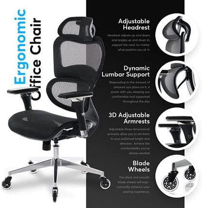 Oline ErgoPro Ergonomic Office Chair, Rolling Desk Chair with 4D Adjustable Armrest, 3D Lumbar Support, Blade Wheels, Mesh Computer Gaming Executive Swivel Chairs Chair (Black)