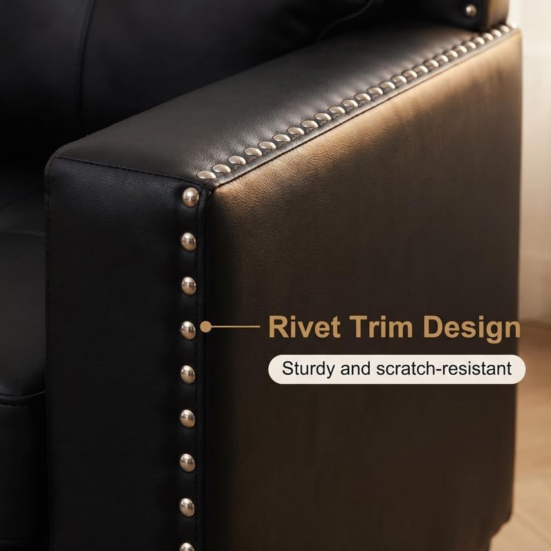 3-Piece Faux Leather Sofa Set, Modern Living Room Couch Set with 3-Seater, Loveseat, and Armchair with Tufted Backrest & Nailhead Trim for Apartment, Office and Small Spaces (Black)
