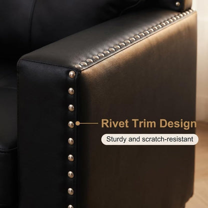 3-Piece Faux Leather Sofa Set, Modern Living Room Couch Set with 3-Seater, Loveseat, and Armchair with Tufted Backrest & Nailhead Trim for Apartment, Office and Small Spaces (Black)