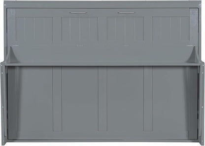 Virubi Full Horizontal Murphy Bed with Desk,Solid Wood Folding Hideaway Murphy Wall Bed for Adult,Guest Room (Grey,Full)