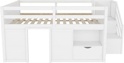 Bellemave Full Size Low loft Bed for Kids,Wood Loft Beds,Modern Farmhouse Full loft Bed,Loft Bed with Desk and Storage, No Box Spring Needed,for Kids, White and Natural