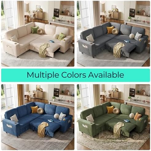 LINSY HOME Pull Out Sofa Bed Sectional Sleeper Sofa with Storage, Plush Corduroy Pullout Modular Sectional Couches for Living Room, L Shaped Convertible Couch Bed for Apartment (Beige)