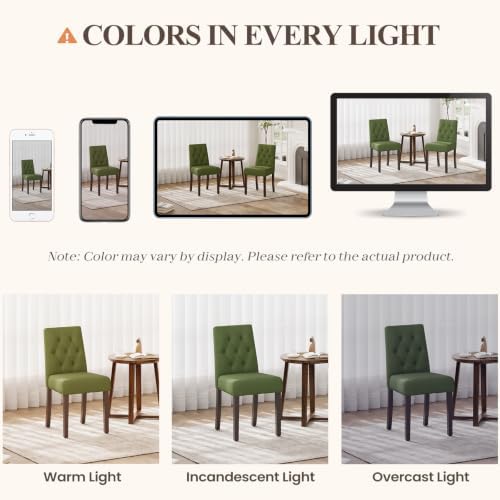MALOL Upholstered Dining Chairs Set of 2, Tufted Fabric Kitchen Chairs with Solid Wood Legs, Modern Dining Room Side Chairs for Home, Restaurant, Guest Room and Vanity, Green