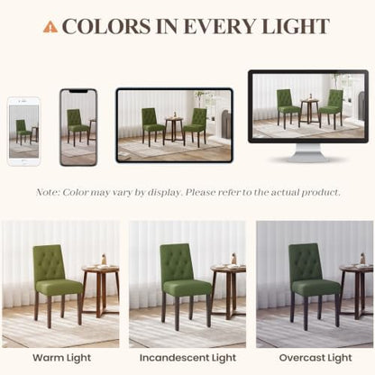 MALOL Upholstered Dining Chairs Set of 2, Tufted Fabric Kitchen Chairs with Solid Wood Legs, Modern Dining Room Side Chairs for Home, Restaurant, Guest Room and Vanity, Green