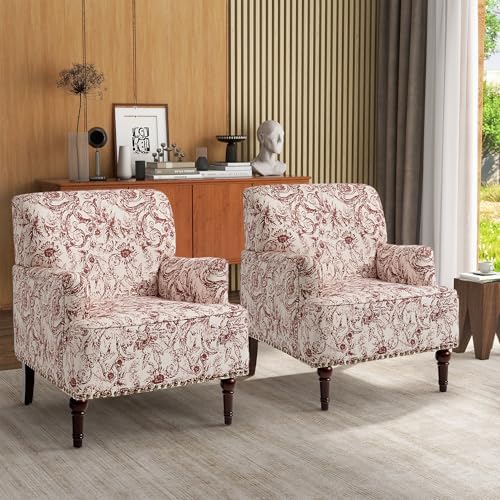 Rococo Accent Chairs Set of 2, Fabric Upholstered Armchair, Orange