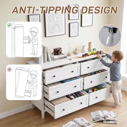 Karl home White Farmhouse 6 Drawers Tall Dresser, Bedroom Storage Chest
