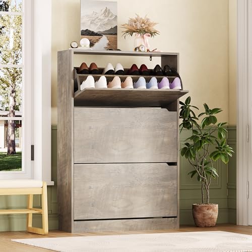 Shoe Storage Cabinet with 3 Flip Drawers, Grey