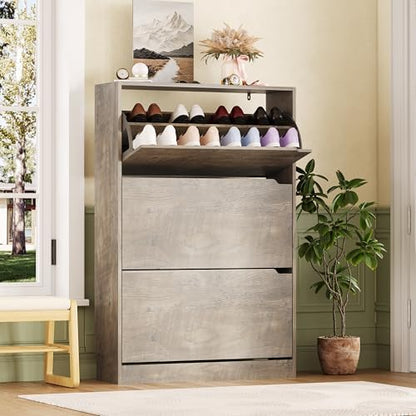 Shoe Storage Cabinet with 3 Flip Drawers, Grey