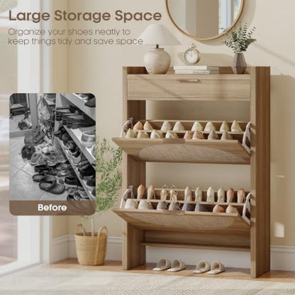 Quikraen Rattan Shoe Cabinet with 3 Drawers (2 Flip + 1 Slide), 31.5" Wide Wooden Shoe Storage Organizer for Entryway, Farmhouse Boho Tall Shoe Rack Cabinet with Anti-Tip Safety, Brown