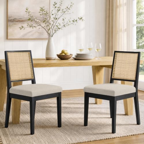 KISLOT Natural Rattan Dining Chairs Set of 2, Soild Wooden Chairs, Black
