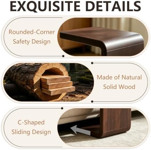 Wooden C Shaped End Table, Couch Table, 24in W Walnut