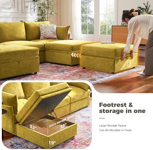 ABCASA 102.6" L Shaped Modular Sectional Couch with Washable Chenille Cover, 4 Seater Deep Seat Sofa with Storage Ottoman & Reversible Chaise for Living Room, Pet-Friendly, Yellow