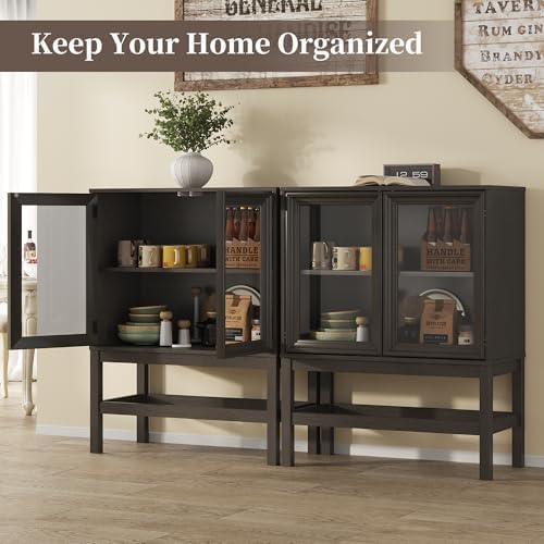 Sideboard Buffet Cabinet with Storage Set of 2, Small Kitchen Coffee Wine Bar Cabinet with Glass Doors, Wood Mid Century Modern Side Board for Living Room, Dark Brown