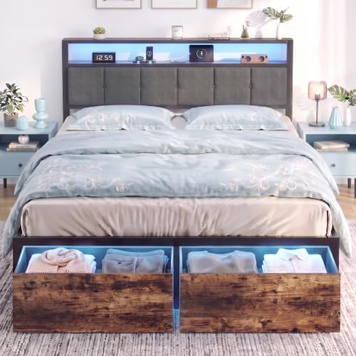 Queen Bed Frame with Storage Drawers, Upholstered Headboard with LED Lights and Charging Station, Metal Platform Bed with 2-Tier Storage Shelves, Noise Free, No Box Spring Needed