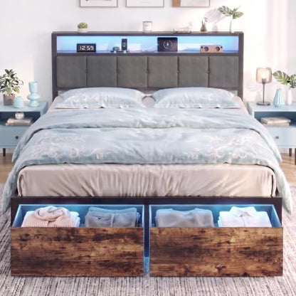 Queen Bed Frame with Storage Drawers, Upholstered Headboard with LED Lights and Charging Station, Metal Platform Bed with 2-Tier Storage Shelves, Noise Free, No Box Spring Needed