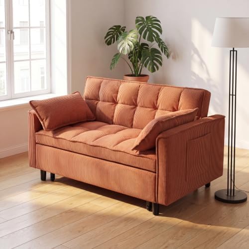 3 in 1 Convertible Sofa Bed, Corduroy Fabric Sleeper Sofa Bed, Modern Pull Out Couch with Side Pockets, Sleeper Couch with Adjustable Backrest for Living Room, Bedroom, Orange