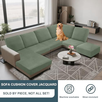 UNBBRRL Seat Cushion Cover and Back Covers for Corner Sofa Stretch Jacquard, Non Slip L Shaped Sofa Slipcover with Storage Ottoman, Sectional Couch Cover for Chaise Lounge (Gray Green,31 x 73 x 6”)