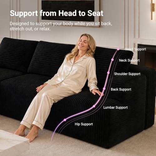 Avenco Modular Sectional Sofa, Boneless Couches for Living Room with Individually Wrapped Coil Support, No Assembly Required, Corduroy Fabric (Black, 67" Sofa Bed)