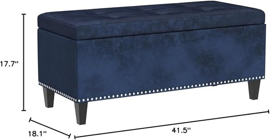 Asense 41" Storage Ottoman Bench, Faux Leather Tufted Upholstered End of Bed Bench with Safety Hinge for Bedroom,Entryway,Living Room,Drak Blue