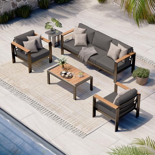 Aluminum Outdoor Patio Furniture Set with Coffee Table, 4 Piece Patio Conversation Sets with Washable Thick Cushions, Outdoor Sectional Furniture Set for Porch, Balcony, Deck, Graphite